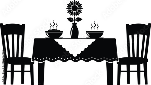 Dining table silhouette with two chairs and hot soup bowls, sunflower vase centerpiece, romantic dinner setting vector illustration, isolated on white background.