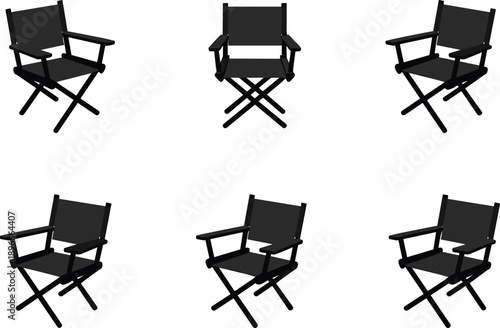 Director chair vector illustration set, cinema and filmmaking concept, black folding chairs isolated design, movie production equipment, creative studio furniture design