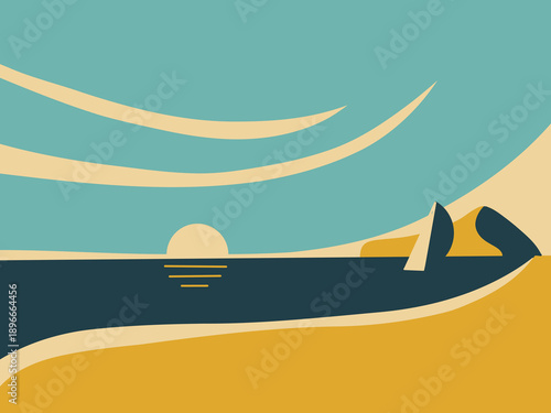Serene Beachscape with Setting Sun and Sailing Boats