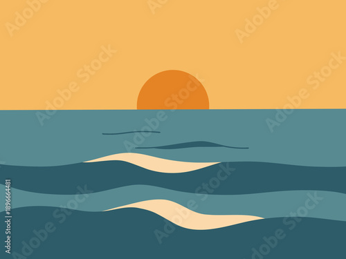 Serene Sunset Over Calm Ocean Waves A Minimalist Illustration of Natural Beauty