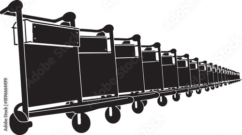 A row of empty luggage carts on white background
