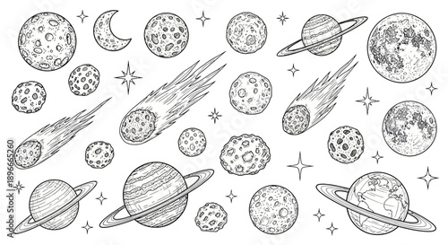 Hand Drawn Space Illustration Set – Vintage Planets, Moons, and Cosmic Doodles