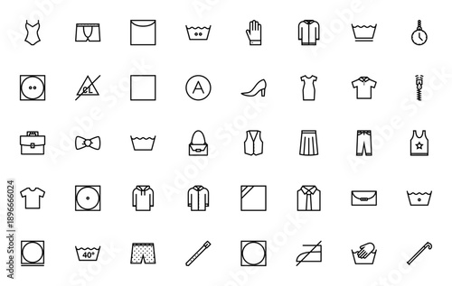 Clothes icon set. Vector laundry symbols collection. Includes washing machine, ironing, dry cleaning, bleach, solvent, and apparel items like swimsuit, jacket, dress, handbag, and more.