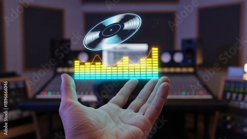 A hand holding a vinyl record above a sound mixing console in a recording studio with various audio equipment