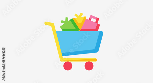 Colorful Shopping Cart with Grocery Bags.