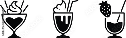 Black and white dessert icon set, ice cream sundae glasses with toppings and fruit, minimal sweet food symbols isolated on white background.