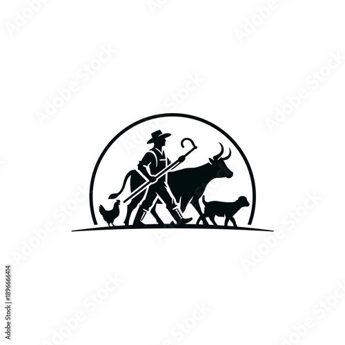 Farmer with Ox and Animals Illustration.