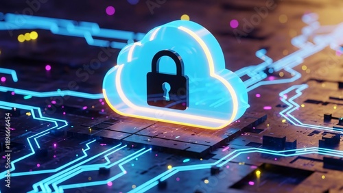 Secure cloud computing concept with glowing neon lock icon on circuit board
