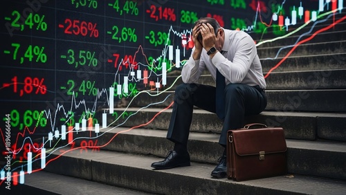 Man sitting on stairs, stressed, with financial graphs in the background and briefcase beside him