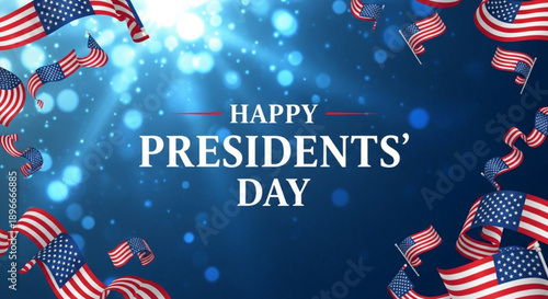 Happy presidents' day with american flags on blue background