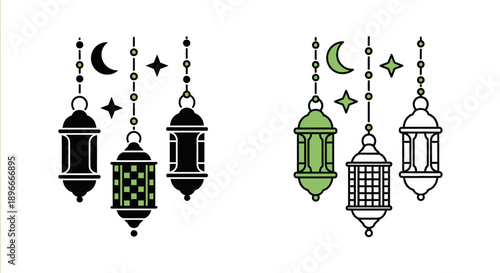 Colorful islamic lanterns moon stars decoration Vector