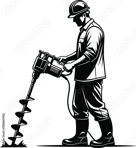 Detailed vector illustration of a construction worker operating a powerful auger drill, creating deep ground holes, professional equipment design, industrial labor concept, bold black silhouette
