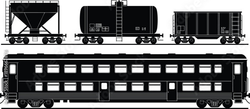 Detailed vector illustration of multiple railway freight cars and passenger coach designs, showcasing industrial transport, cargo logistics, train engineering, and modern rail transportation elements