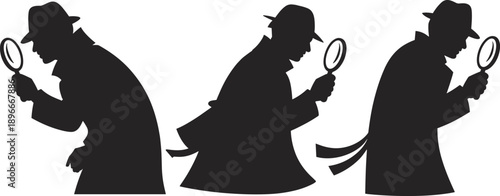 Detective silhouette vector illustration, investigator with magnifying glass, mystery crime search concept, private investigator design, detective agency symbol isolated clipart