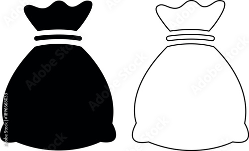 Two stylized money bag icons one black and one white side by side