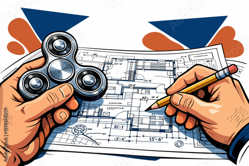 Hands holding a fidget spinner and a pencil over blueprints.