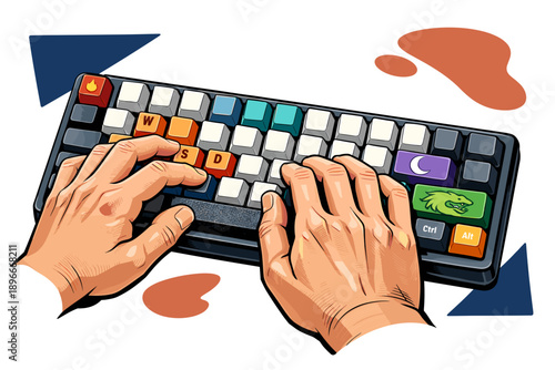 Hands typing on a colorful custom mechanical keyboard.