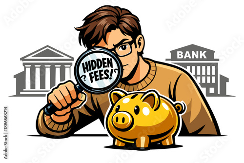 Man Inspects Piggy Bank For Hidden Fees With Magnifying Glass.