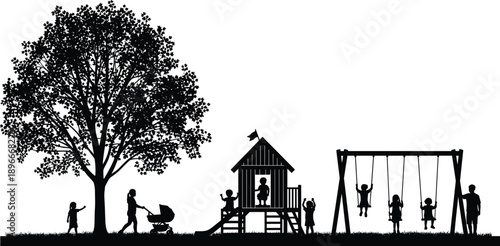 Family park playground silhouette with children playing swings tree house stroller outdoor activity black and white vector illustration