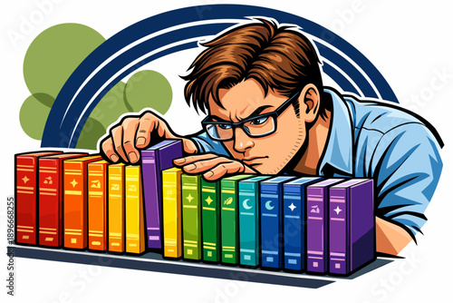 Man with Glasses Reaching for a Book on a Shelf.