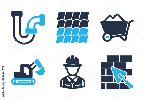 Building and Infrastructure Works icon set. Solid glyph series icons