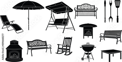 Outdoor garden furniture silhouettes set including patio bench swing umbrella grill fireplace tools chairs table backyard vector icons