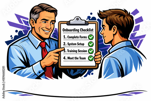 Manager explains onboarding checklist to new employee.