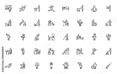 Behavior icon set. Vector illustration of daily activities. Includes symbols for presentation, yoga, shopping, working, traveling, sports, family and more. Editable stroke.