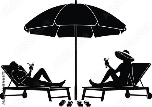 Silhouette of couple relaxing on beach loungers under umbrella, drinking cocktails, summer vacation travel holiday leisure vector illustration