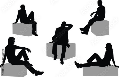Set of sitting people silhouettes on blocks casual poses men and women isolated black and white vector illustration