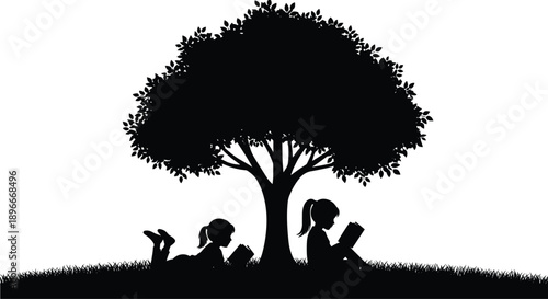 Silhouette of two children reading books under tree on grass, peaceful outdoor learning scene, education nature vector illustration