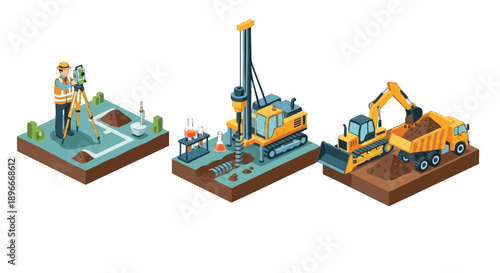 Isometric illustration of construction site stages: land surveying, geotechnical drilling, and heavy earthmoving machinery