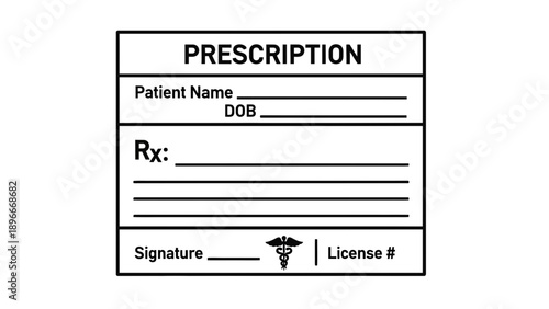 Medical Prescription Form with Caduceus Symbol, Patient Info, Rx Lines, and Signature Area