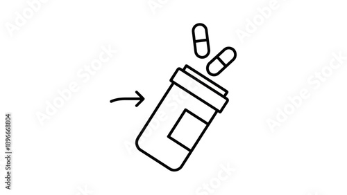 Pill bottle with falling pills and arrow, simple line art icon
