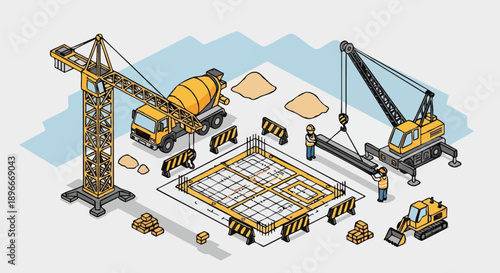 Isometric Construction Site: Workers and Heavy Machinery Building Foundation (Crane, Cement Mixer, Excavator)