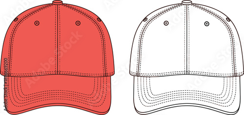 Classic baseball cap front view vector template set with red filled and outline versions isolated on white background