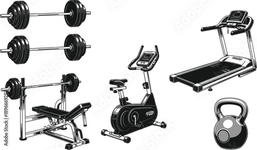 Gym fitness equipment vector set including barbell bench press treadmill exercise bike kettlebell isolated detailed monochrome illustration collection