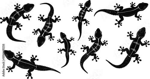 Gecko lizard silhouette collection set black reptile crawling climbing poses isolated vector wildlife stencil tattoo design elements bundle