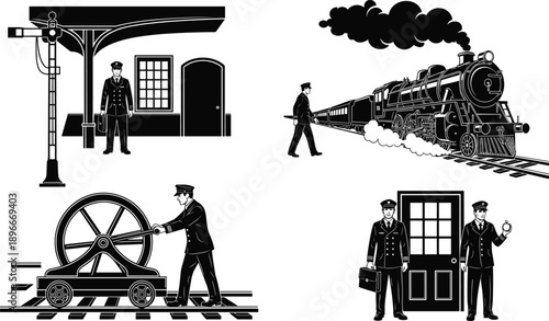 Vintage railway station workers steam locomotive train scenes set conductor engineer signalman industrial transport monochrome vector illustration collection