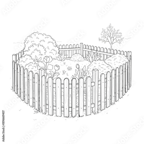 Enclosed Garden With Flowers Shrubs And Picket Fence