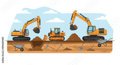 Construction Site Excavation Vector: Heavy Excavators and Bulldozer Digging Earth, Moving Dirt, and Preparing Ground with Tools
