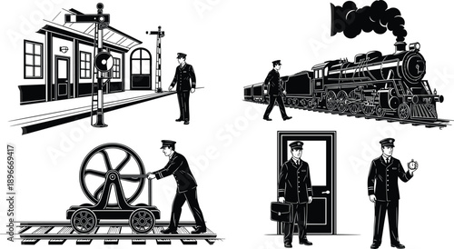 Vintage railway worker and steam locomotive vector illustration set with train station signals conductor tools retro black engraving style