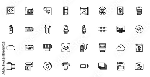 Camera icon set. Photography vector icons pack. Minimal line icons for photograph, photographer, video camera, TV screen, cables, connections, clouds, charging, battery level and data storage.