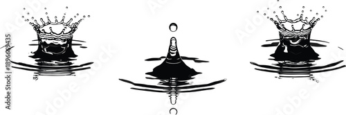 Water splash crown droplet impact ripple set realistic liquid surface waves isolated monochrome vector illustration clean abstract design