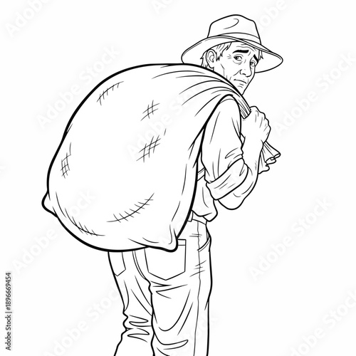 Farmer Carrying Heavy Sack on His Shoulder