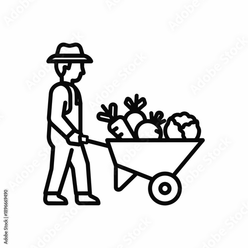 Farmer Pushing Wheelbarrow Full of Fresh Vegetables