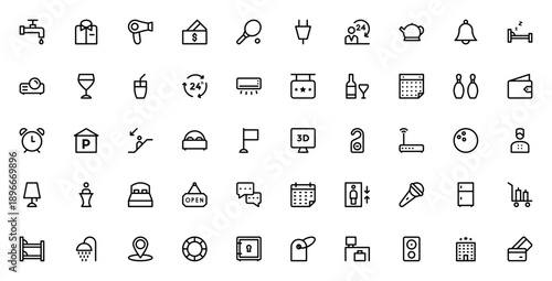 Hotel services icon set. Vector illustration featuring tap, bed, wifi, parking, elevator, shower, luggage, credit card and more hotel amenities.