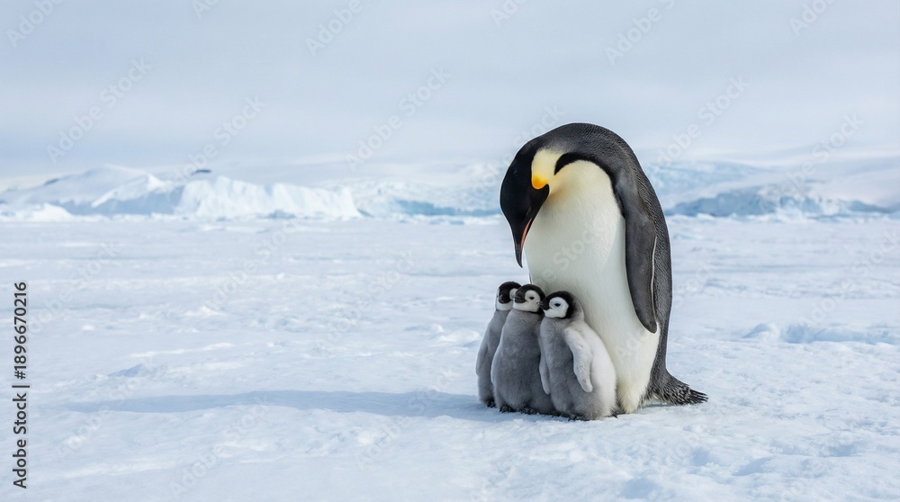 Obraz premium Tender moment captured of a majestic emperor penguin parent sheltering its three fluffy chicks closely against the vast icy expanse of the Antarctic landscape.