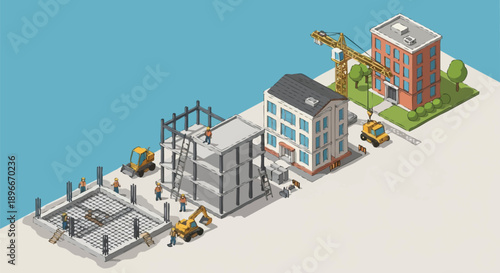 Building Construction Process Timeline. Isometric Illustration Showing Stages of Urban Development, from Foundation Rebar to Finished Apartment Block.