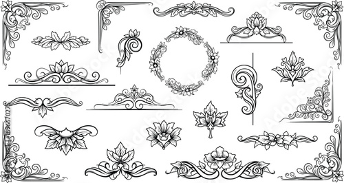 described features a collection of 20 black and white floral design elements that showcase intricate swirling patterns